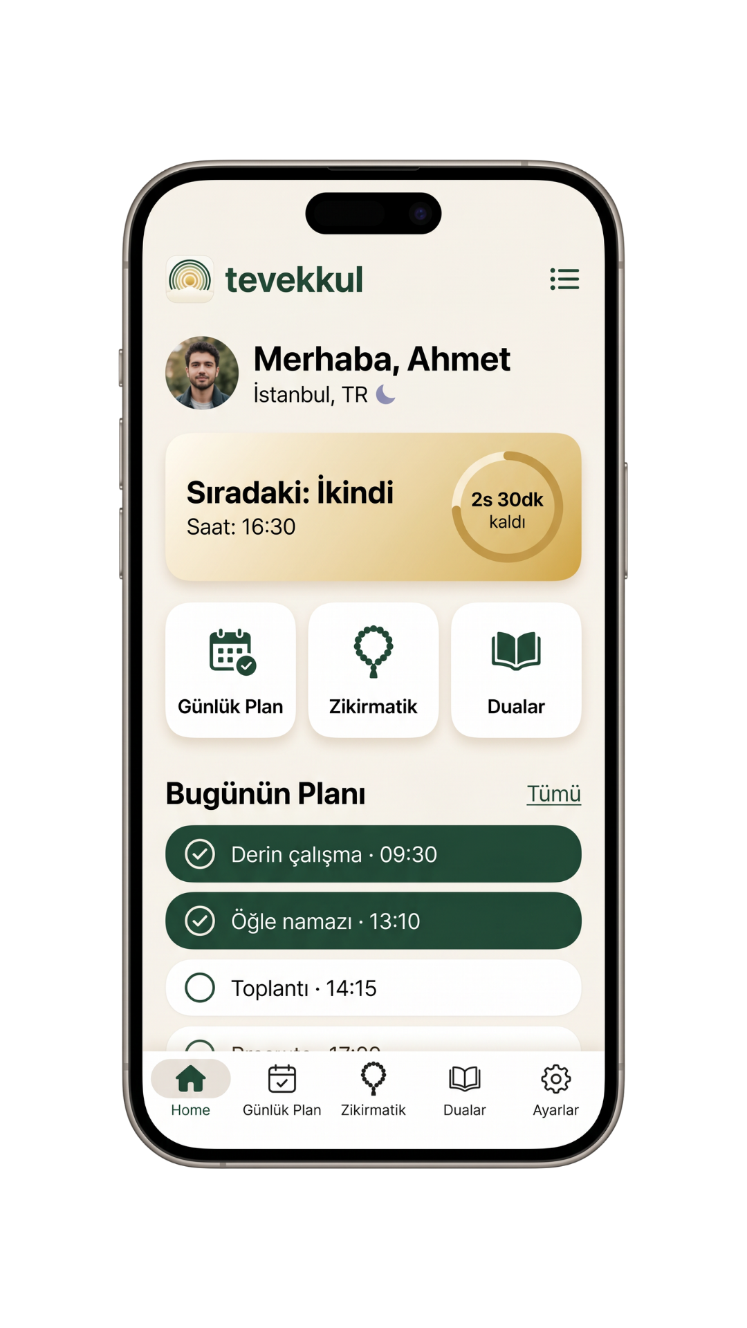 tevekkul uygulamasının ana ekranı
