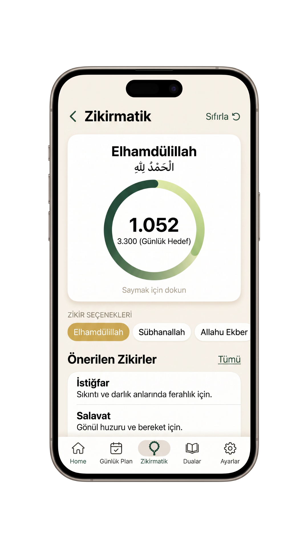 tevekkul uygulamasının zikirmatik ekranı