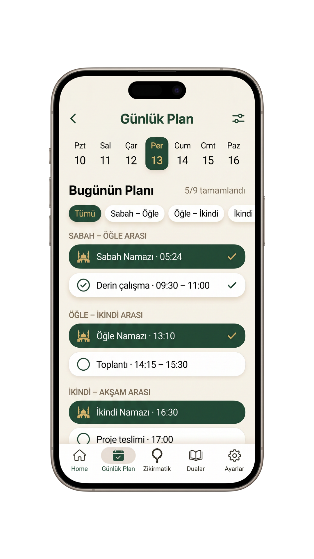 tevekkul uygulamasının günlük plan ekranı