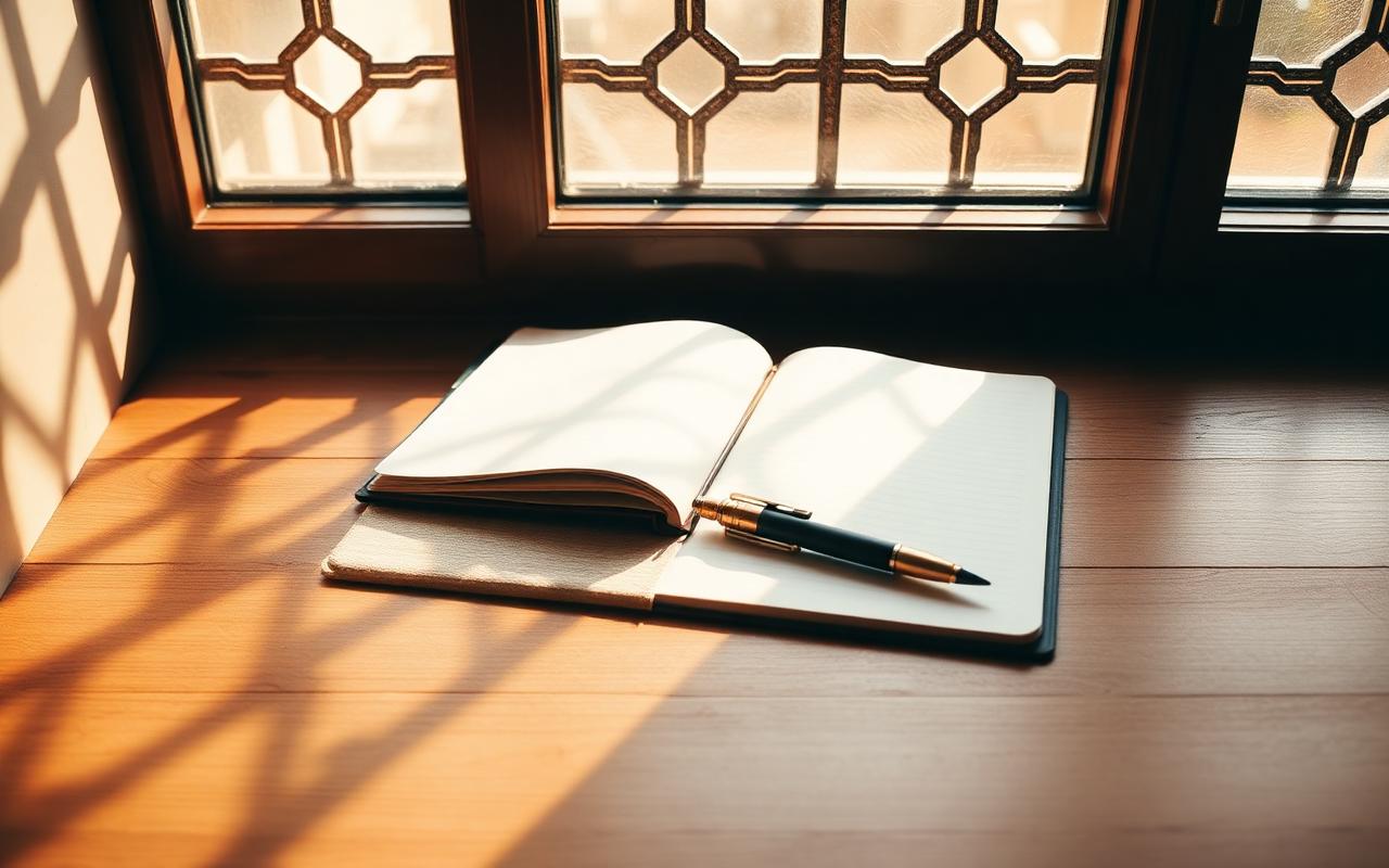 Pencere yanında açık defter ve kalem